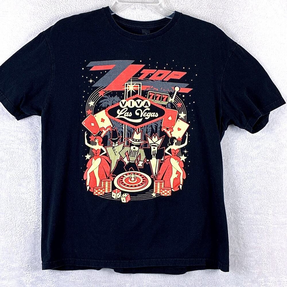 ZZ Top Viva Las Vegas 2022 Tour Tshirt Mens L Black Red Retro Music Rock 90s